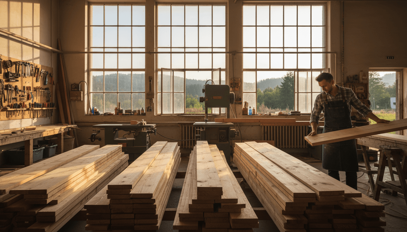 Modern timber workshop in Perštejn with stacked construction wood and natural light
