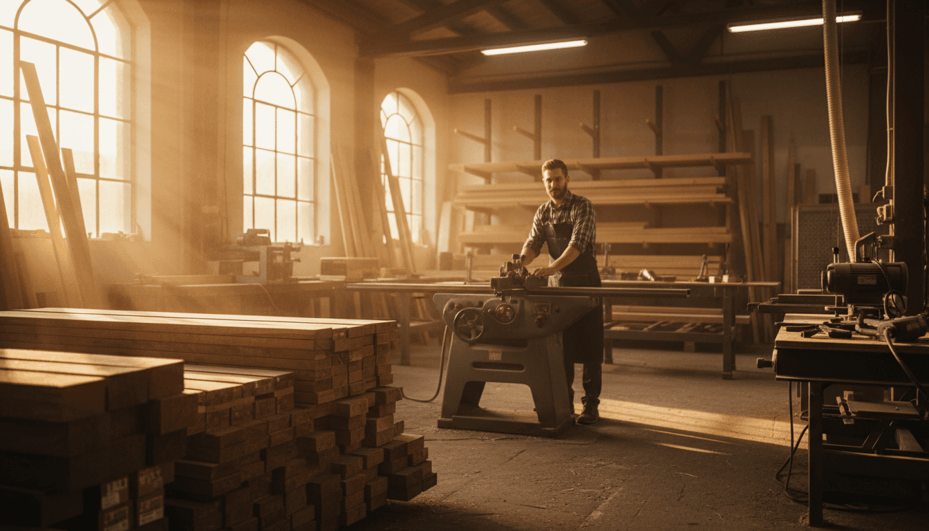 Skilled woodworker operating planing equipment in a sunlit wood manufacturing workshop surrounded by stacked construction timber