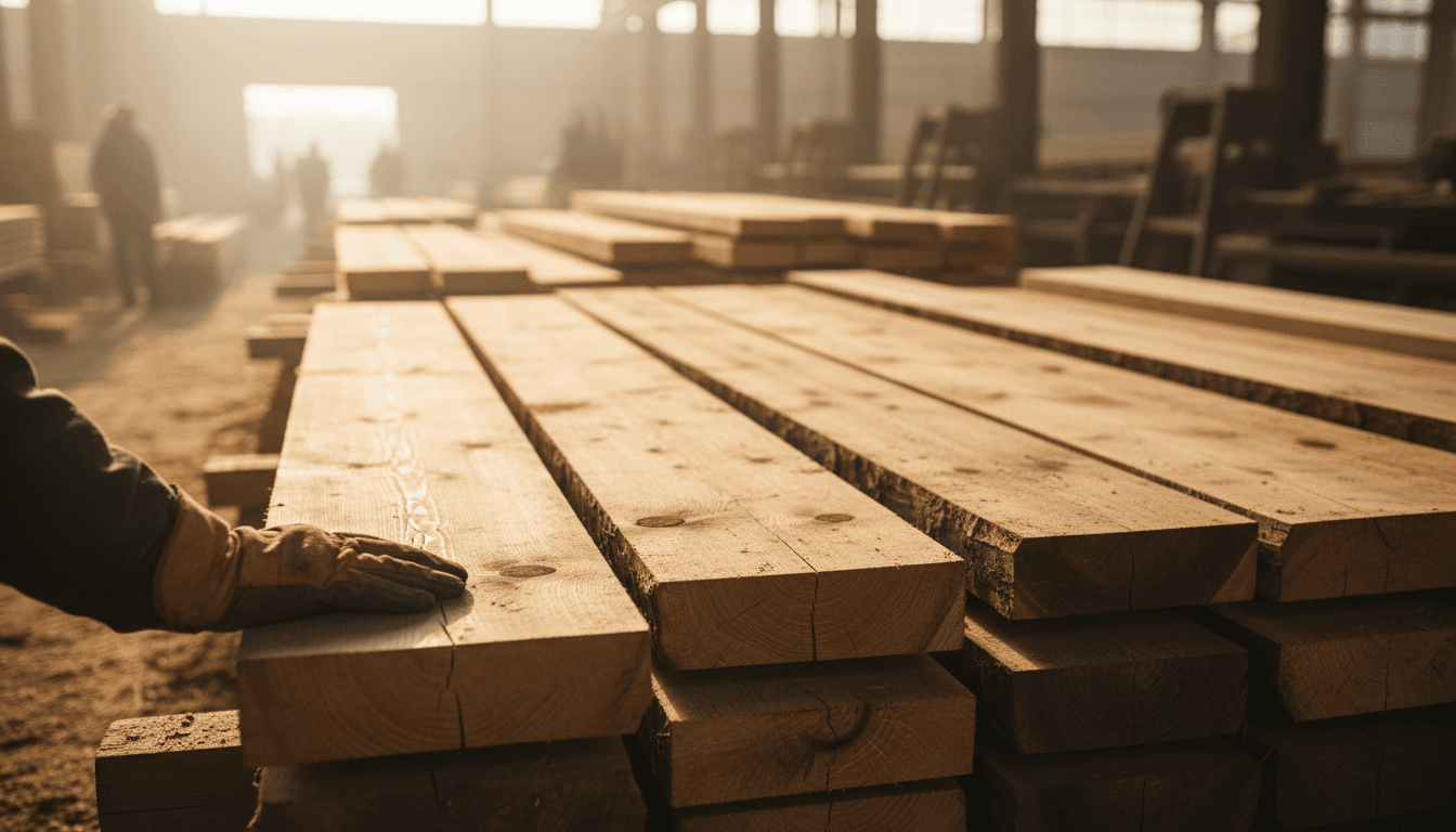 Stacked construction timber with natural wood grain illuminated by warm morning light