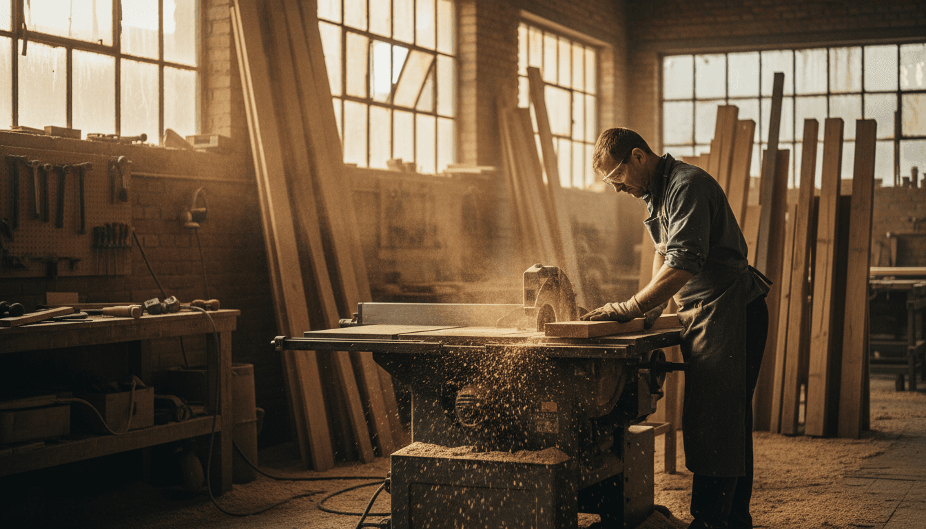 Skilled woodworker operating a saw to cut construction timber at Pila Perštejn s.r.o. workshop