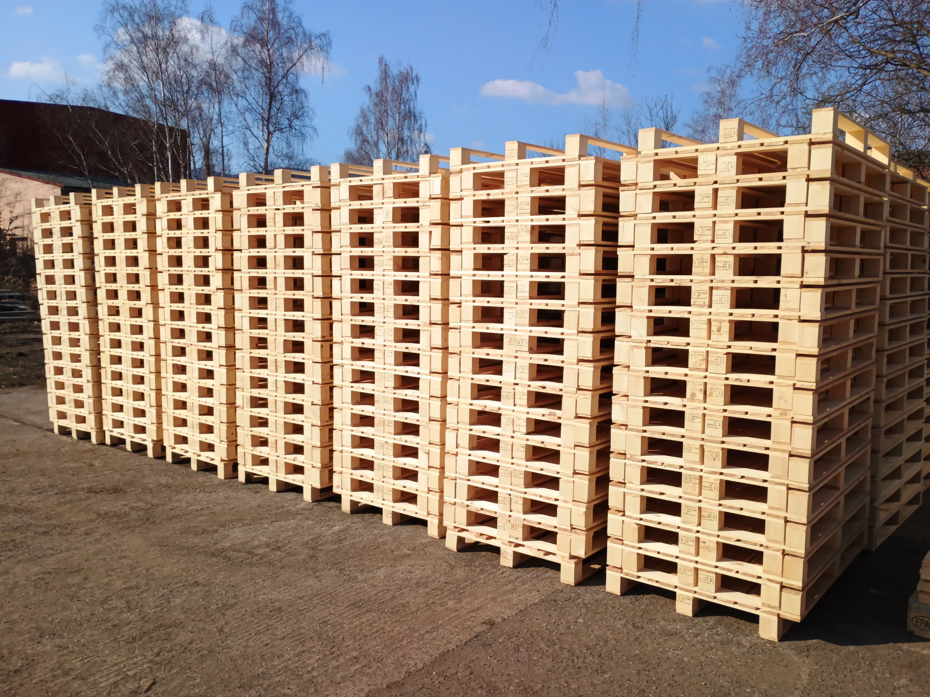 Rows of tall, neatly stacked new wooden pallets outdoors under a bright blue sky.