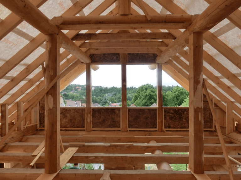 Exposed wooden beams and rafters inside a log cabin under construction overlooking a green landscape.